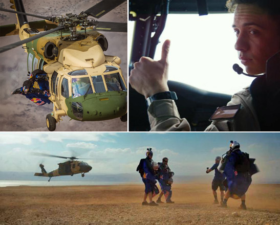 Still images taken from a video show HRH Crown Prince Hussein piloting a helicopter that carry members of the Red Bull Air Force team above the Dead Sea area, as they prepare to undertake a one-of-a-kind jump in the lowest point on earth, at 430 metres below sea level, on Monday (Photos courtesy: www.facebook.com/redbullandwww.redbull.com)