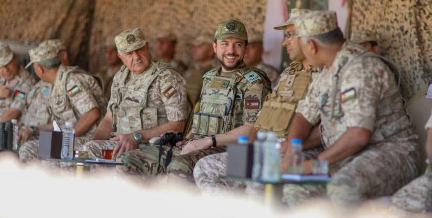 HRH Crown Prince Hussein, the Regent, visits on Tuesday the 6th Royal Border Guard Battalion, one of the units of the 1st Border Guard Brigade of the Eastern Military Region, where he observes a security exercise on dealing with arms and drug smuggling groups and terrorist organisations (Photo courtesy of Royal Court)