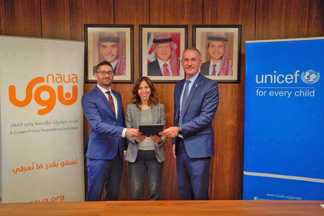 Representatives of CPF, Naua and UNICEF sign a cooperation memo in Amman on Sunday (Photo courtesy of CPF)