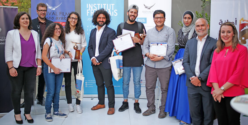 Winners of the Falcon Awards pose for a group picture at the ceremony in Amman on Sunday evening (Photo courtesy of FFFA)