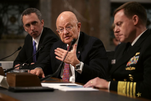 Left to right: Defence Undersecretary for Intelligence Marcell Lettre II, Director of National Intelligence James Clapper and US Cyber Command and National Security Agency Director Admiral Michael Rogers testify before the Senate Armed Services Committee in the Dirksen Senate Office Building on Capitol Hill on Thursday in Washington, DC (AFP photo)