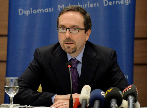 This file photo taken on April 7 shows US Ambassador to Turkey John Bass delivering a statement to journalists in Ankara (AFP photo)
