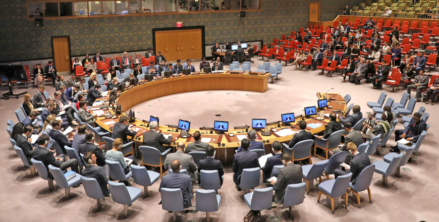 The United Nations Security Council hears a briefing by Nikolay Mladenov (on screens), UN Special Coordinator for the Middle East Peace Process from Jerusalem on the situation in the Middle East as the council meets on Israel and Palestine at UN headquarters in New York, US, on Wednesday (Reuters photo)