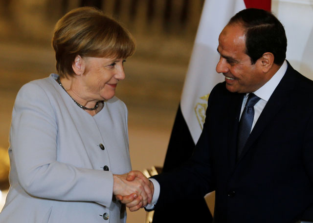 Egypt’s President Abdel Fattah Al Sisi and German Chancellor Angela Merkel shake hands following a news conference at El Thadiya presidential palace in Cairo, Egypt, on Thursday (Reuters photo)