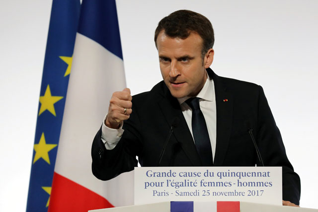 French President Emmanuel Macron delivers a speech during the International Day for the Elimination of Violence Against Women at the Elysee Palace in Paris, France, on Saturday (Reuters photo)