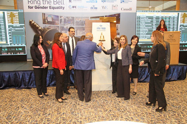 Amman Stock Exchange members and local and international partners ring the bell for gender equality in Amman on Monday (Photo courtesy of ASE)