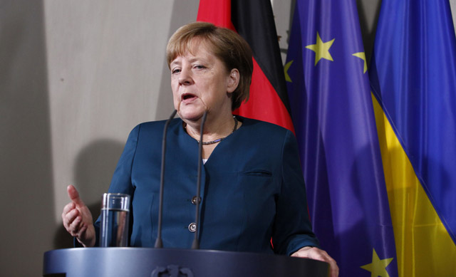 German Chancellor Angela Merkel delivers a press statement with the Ukranian president  (unseen) ahead of their meeting in Meseberg Palace in Meseberg, eastern Germany, on Saturday (AFP photo)