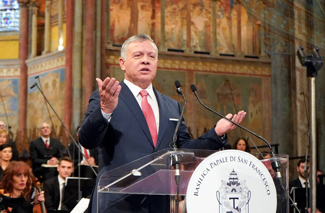 His Majesty King Abdullah delivering a speech in Assisi, Italy, after receiving the 2019 Lamp of Peace award  (Photo courtesy of Royal Court)