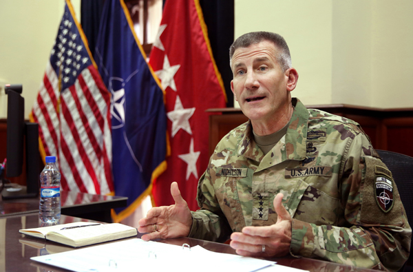 Head of NATO and US forces in Afghanistan, US Army Gen. John W. Nicholson, speaks during an interview with The Associated Press at his office, in Kabul, Afghanistan, on Wednesday (AP photo)