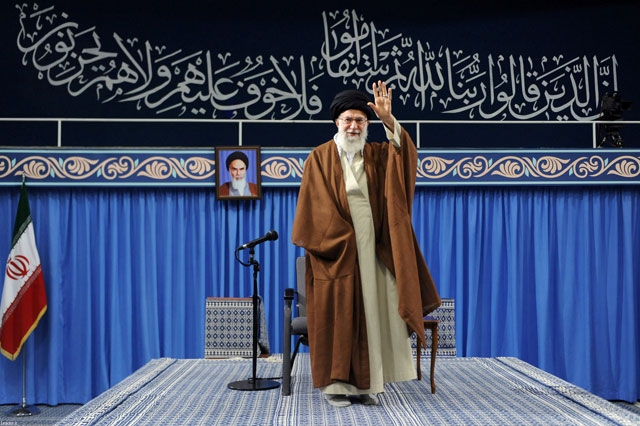 Iran’s Supreme Leader Ayatollah Ali Khamenei waves as he arrives to deliver a speech in Tehran, Iran, on Thursday (Reuters photo)