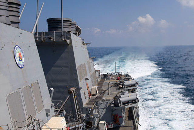 This US navy photo obtained on Friday shows Arleigh Burke-class guided-missile destroyer USS Cole (DDG 67) as it fires a Phalanx Close-In Weapons System during a live-fire exercise on Thursday. Cole is deployed in the US 5th Fleet area of operations in support of maritime security operations and theatre security cooperation efforts (AFP photo)