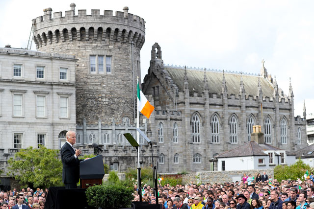 US Vice President Joe Biden (left) delivers a keynote speech in the grounds of Dublin Castle as part of his six-day visit to Ireland, on Friday (AP photo)
