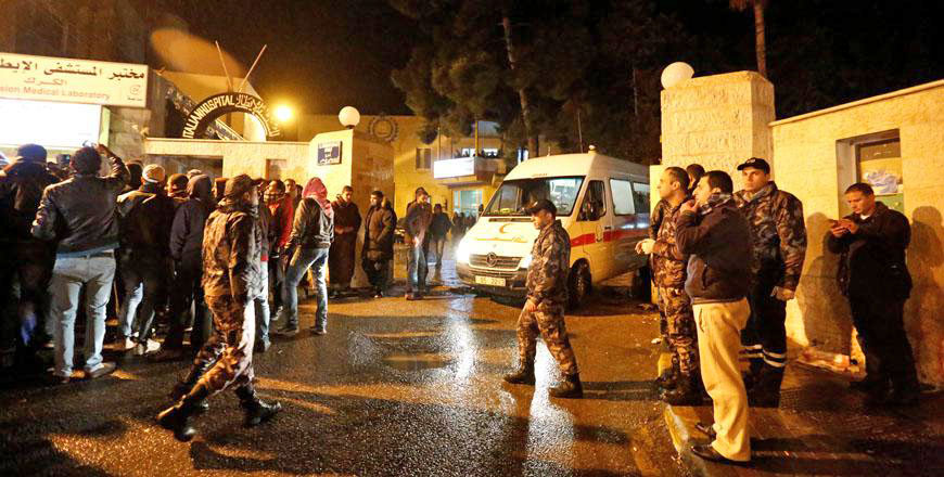Ambulances were seen in front of the Italian Hospital in Karak, where some of the injured in a terror attack were evacuated (Reuters photo)