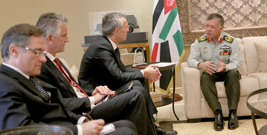 His Majesty King Abdullah meets with NATO Secretary General Jens Stoltenberg in Amman on Tuesday (Photo courtesy of Royal Court)