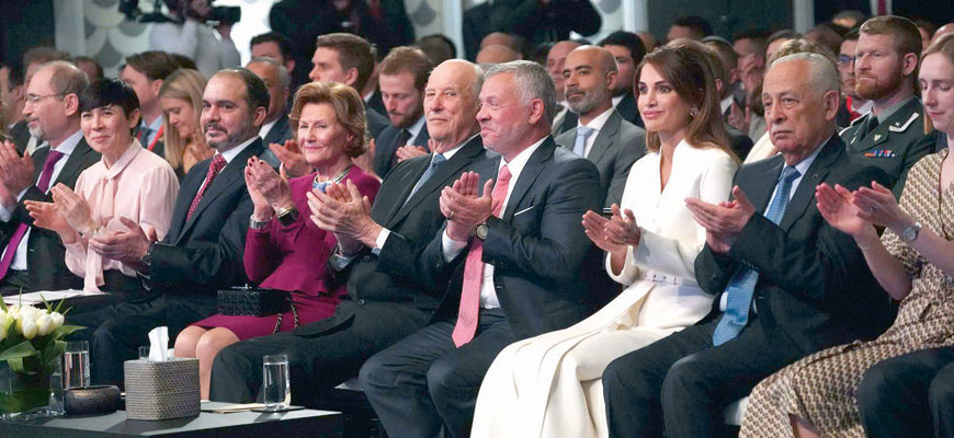 His Majesty King Abdullah and King Harald V of Norway attend the opening session of the Jordan-Norway Business Forum: Discovering Future Partnerships on Monday (Photo courtesy of Royal Court)