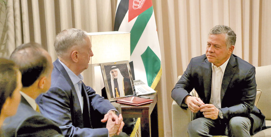 His Majesty King Abdullah meets with US Secreary of Defence Jim Mattis in Aqaba on Saturday (Photo courtesy of Royal Court)