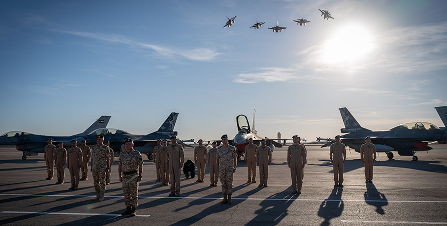 His Majesty King Abdullah, the Supreme Commander of the Jordan Armed Forces-Arab Army, inaugurates the Air Combat Simulation Training Squadron at Muwaffaq Salti Airbase, and attends the graduation ceremony of the 26th Combat Flight Conversion Course, which included pilots from the Royal Jordanian Air Force and Bahrain  (Photo courtesy of Royal Court)