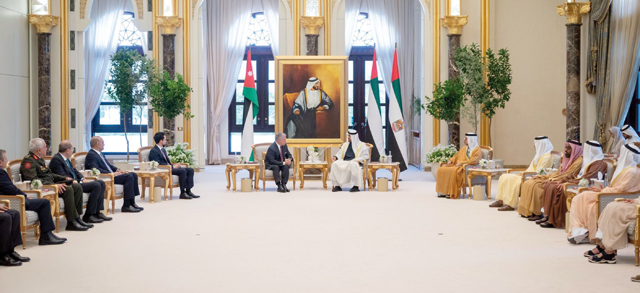 His Majesty King Abdullah on Wednesday meets with United Arab Emirates President Sheikh Mohamed Bin Zayed Al Nahyan and discusses means of stepping up Arab efforts to stop the war on Gaza and protect innocent civilians. The meeting was attended by HRH Crown Prince Hussein (Photo courtesy of Royal Court)