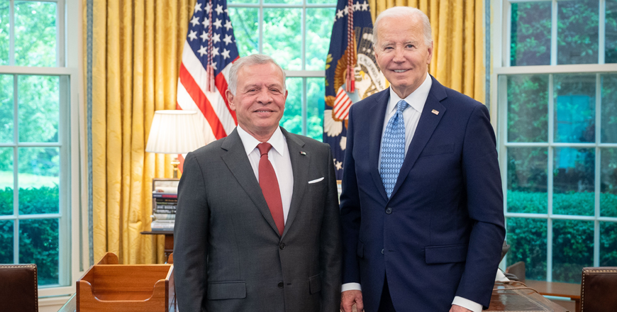 His Majesty King Abdullah, during a meeting with US President Joe Biden at the White House, says the international community must take urgent action to prevent a new catastrophe in Gaza as a result of the Israeli attack on Rafah (Photo courtesy of Royal Court)