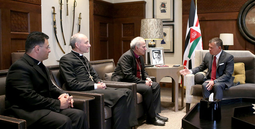 His Majesty King Abdullah meets with Bishop of the Evangelical Lutheran Church in Jordan & the Holy Land (ELCJHL) Ibrahim Azar in Amman on Sunday (Photo courtesy of Royal Court)