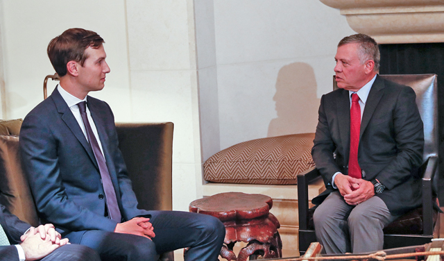 His Majesty King Abdullah receives Senior Adviser to the US President Jared Kushner in Amman on Tuesday  (Photo courtesy of Royal Court)