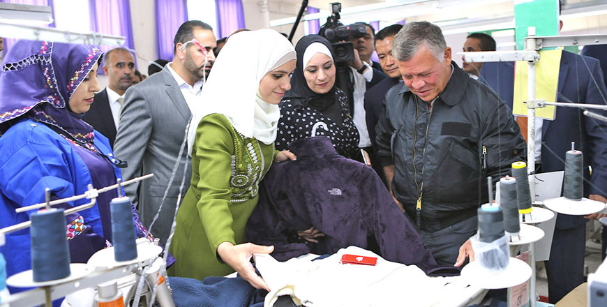 His Majesty King Abdullah tours Jerash Garments and Fashions Manufacturing Company at Sahab Development Zone on Wednesday (Photo courtesy of Royal Court)
