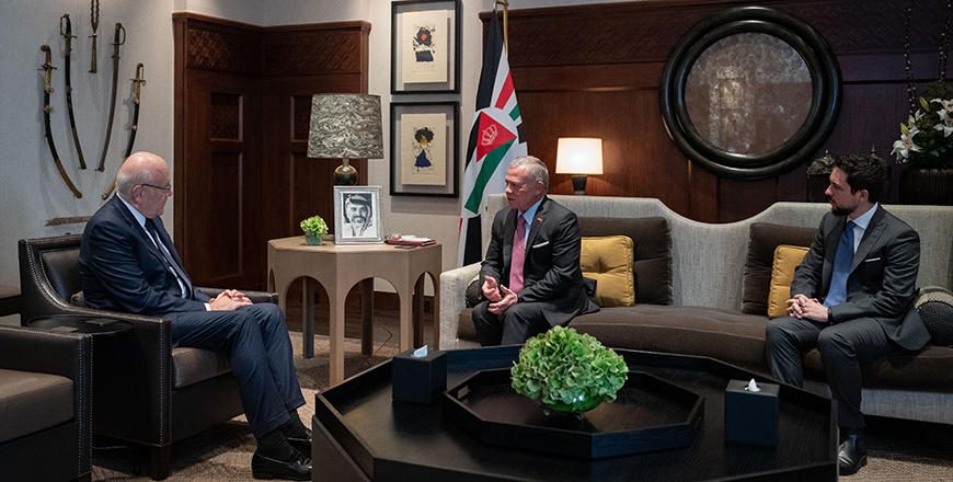 His Majesty King Abdullah meets Lebanese caretaker Prime Minister NajibMikati, and stresses that Jordan stands with Lebanon and its sovereignty, security,and stability. During the meeting, attended by HRH Crown Prince Hussein, His Majesty warned that the escalating Israeli war on Lebanon would lead to a regional war with grave consequences  (Photo courtesy of Royal Court) 