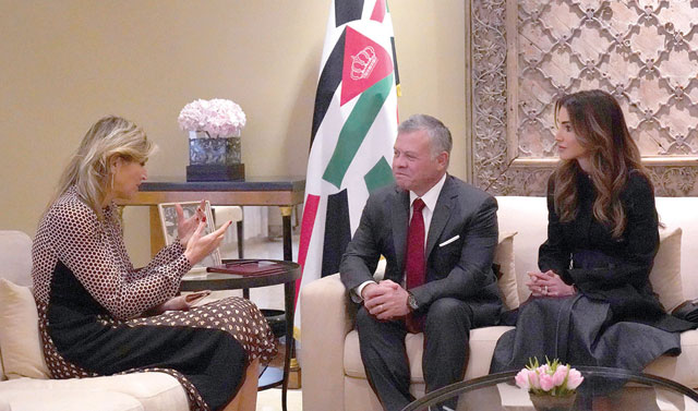 Their Majesties King Abdullah and Queen Rania meet with Queen Maxima of The Netherlands in Amman on Tuesday (Photo courtesy of the Royal Court)
