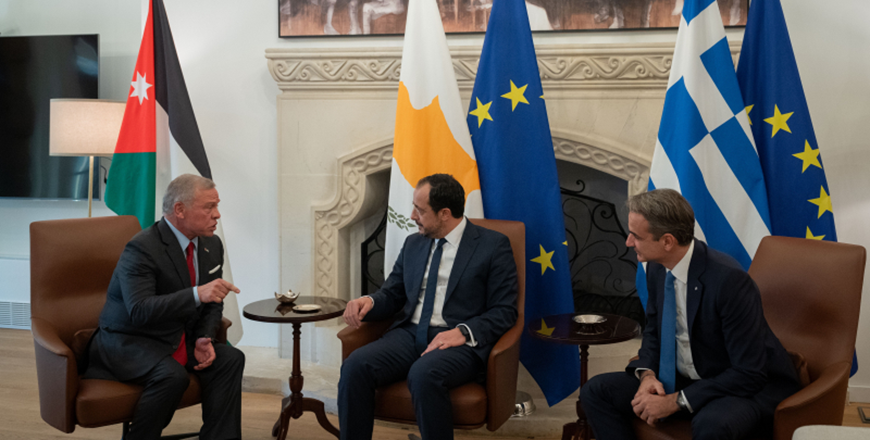 His Majesty King Abdullah, Cyprus President Nikos Christodoulides, and Greek Prime Minister Kyriakos Mitsotakis hold a trilateral summit in Nicosia, which covered bolstering cooperation across various sectors and building on their strong ties, as well as the latest regional developments  (Photo courtesy of Royal Court)