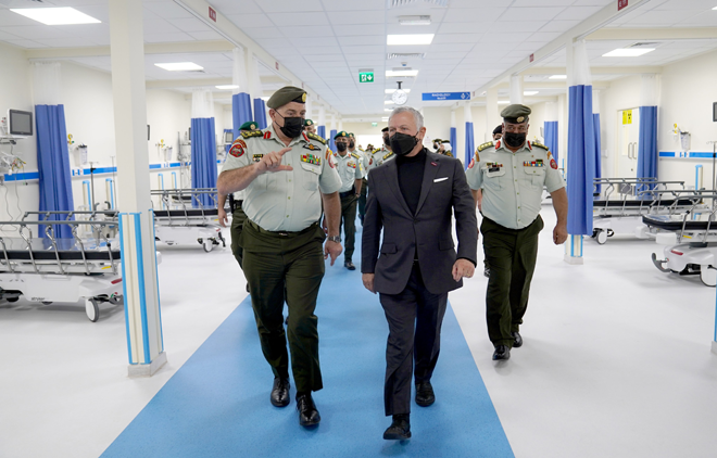 His Majesty King Abdullah, the Supreme Commander of the Jordan Armed Forces-Arab Army, inaugurates Latrun Military Hospital in Juwaideh, in south Amman, on Monday (Photo courtesy of Royal Court)