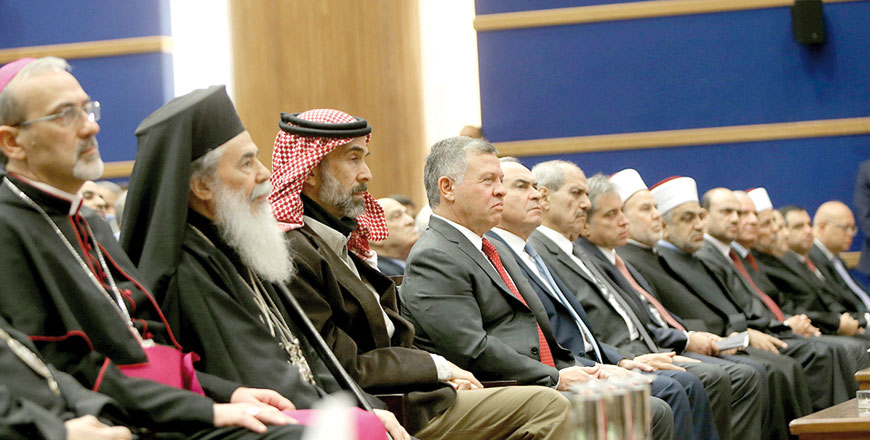 His Majesty King Abdullah meets with Christian leaders and figures from Jordan and Jerusalem at the Baptism Site on Sunday (Photo courtesy of Royal Court)