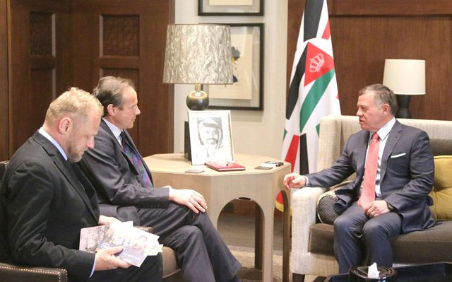 His Majesty King Abdullah meets with Maj. Gen. James Cowan, CEO of HALO Trust, in Amman on Wednesday (Photo courtesy of Royal Court)