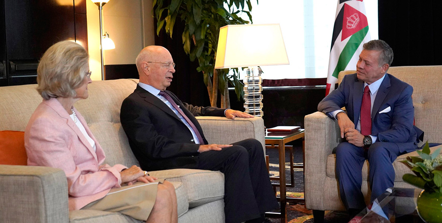 His Majesty King Abdullah meets with World Economic forum’s founder and Executive Chairman Klaus Schwab in New York on Friday (Photo courtesy of Royal Court)