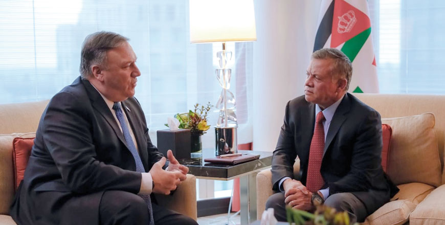 His Majesty King Abdullah meets with US Secretary of State Mike Pompeo in New York on Sunday (Photo courtesy of Royal Court)