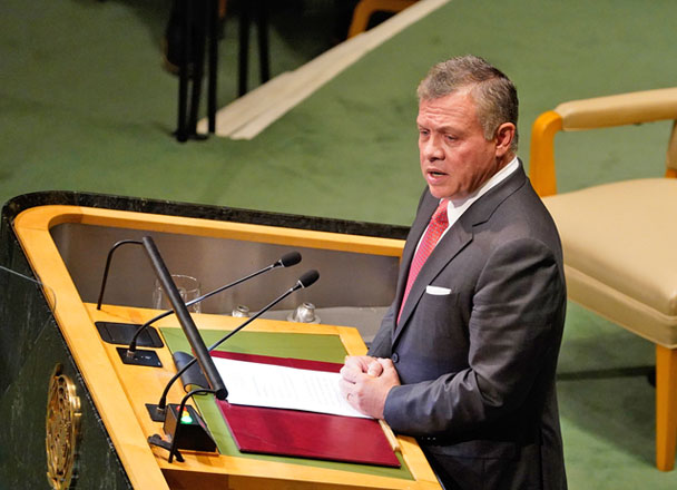 His Majesty King Abdullah addresses the United Nations General Assembly in New York on Tuesday (Photo courtesy of Royal Court)