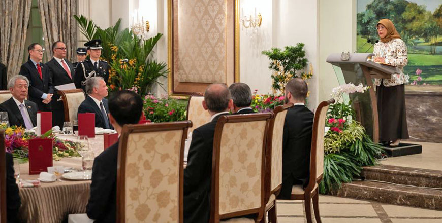 His Majesty King Abdullah attends a dinner hosted by Singapore's President Halimah Yacob in Singapore on Thursday  (Photo courtesy of Royal Court)