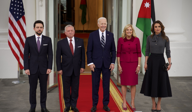   President Biden and First Lady Jill Biden on Monday receive His Majesty King Abdullah, Queen Rania and HRH Crown Prince Hussein at the White House in Washington, DC (Photo courtesy of Royal Court )