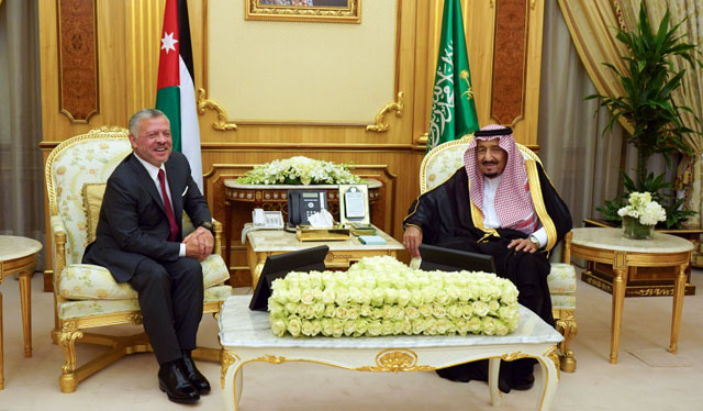His Majesty King Abdullah discusses bilateral relations and regional developments with King Salman Bin Abdulaziz of Saudi Arabia in Riyadh on Tuesday (Photo courtesy of Royal Court)