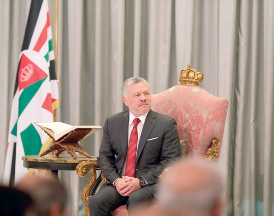 His Majesty King Abdullah listens to Parliament’s response to the Speech from the Throne on Sunday (Photo courtesy of Royal Court)