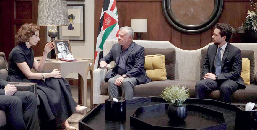 His Majesty King Abdullah, accompanied by HRH Crown Prince Hussein, meets with UNESCO Director General Audrey Azoulay on Wednesday (Photo courtesy of Royal Court)