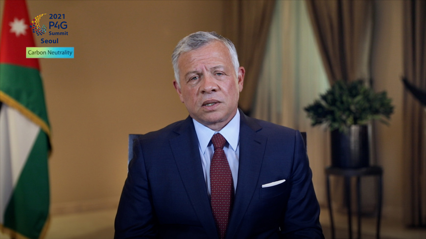 His Majesty King Abdullah speaks during virtual Partnering for Green Growth and the Global Goals 2030 summit on Sunday (Photo courtesy of Royal Court)