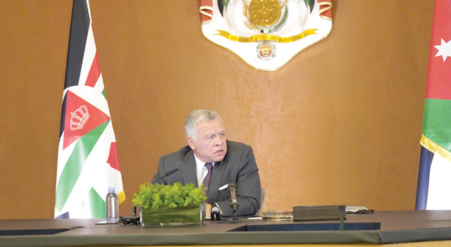 His Majesty King Abdullah speaks during a meeting with the chairperson and members of the Royal Committee to Modernise the Political System at the Royal Hashemite Court on Tuesday (Photo courtesy of Royal Court)
