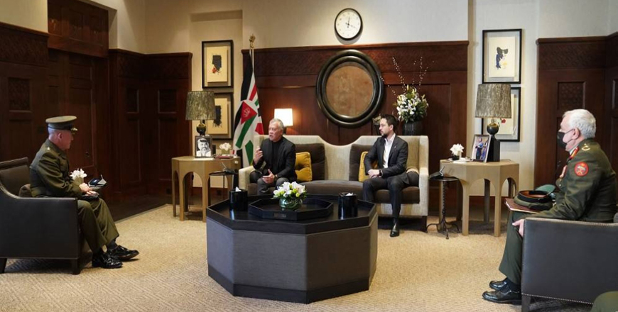 His Majesty King Abdullah meets with Commander of US Central Command Gen. Kenneth F. McKenzie, Jr. at Al Husseiniya Palace on Monday (Photo courtesy of Royal Court)
