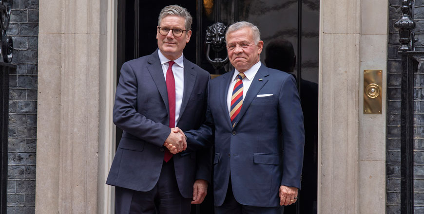 His Majesty King Abdullah is received by UK Prime Minister Sir Keir Starmer at 10 Downing Street  (Photo courtesy of Royal Court)