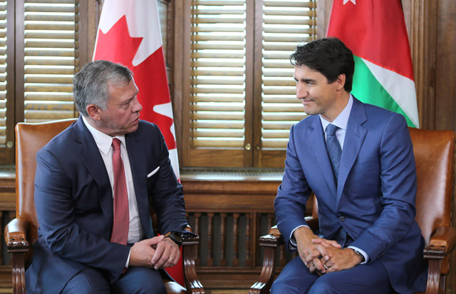 His Majesty King Abdullah meets with Canadian Prime Minister Justin Trudeau in Ottawa on Tuesday (Photo courtesy of Royal Court)