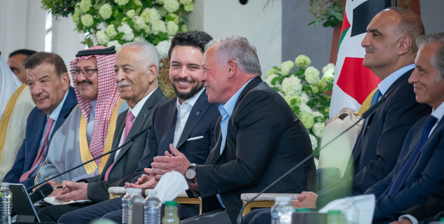 His Majesty King Abdullah, accompanied by HRH Crown Prince Hussein, meets figures and representatives from Mafraq at Al Mafraq Train Station, and stresses the historical importance of the governorate and its strategic location on international routes, praising the diversity of agricultural products in Mafraq (Photo courtesy of Royal Court)