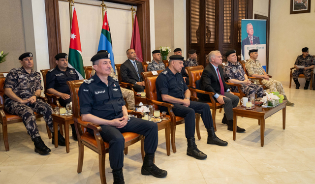 His Majesty King Abdullah, the Supreme Commander of the Jordan Armed Forces-Arab Army, on Sunday observes a civil defence exercise via live broadcast from the Operations and Control Building at the Public Security Directorate (Photo courtesy of Royal Court)