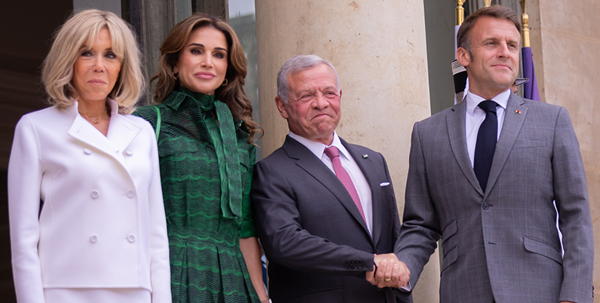 Their Majesties King Abdullah and Queen Rania are received by France President Emmanuel Macron and Brigitte Macron at the Élysée Palace in Paris (Photo courtesy of Royal Court)