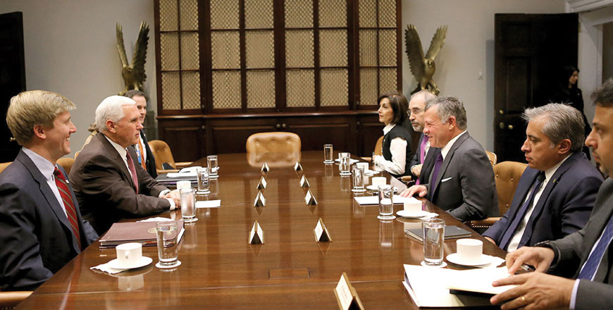 His Majesty King Abdullah meets with US Vice President Mike Pence in Washington, DC, on Monday (Photo courtesy of Royal Court)