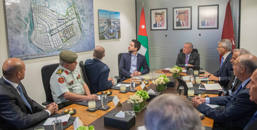 His Majesty King Abdullah, accompanied by His Royal Highness Crown Prince Al Hussein, is briefed on the development plan for the second phase of the King Hussein Business Park, which will be built over a 309 dunum-land, at a cost of nearly JD5 million, to stimulate economic growth, attract investments, and create job opportunities  (Photo courtesy of Royal Court)